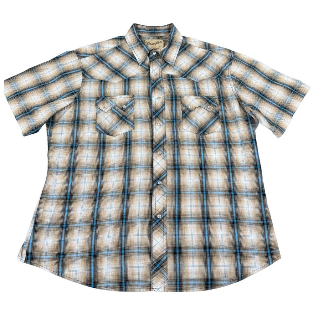 Wrangler Western Shirt Mens Plaid Pearl Snap Short Sleeve Cowboy Brown Blue